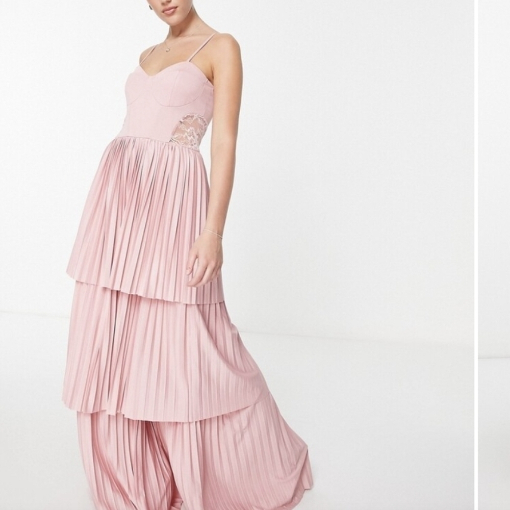 ASOS DESIGN-Cami Tiered Pleated Maxi w/ Lace Detail in Blush Pink-Size 2